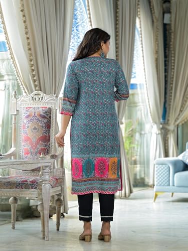 Image of Juniper Blue Floral Printed Liva Rayon Kurta with Beads & Sequins Work