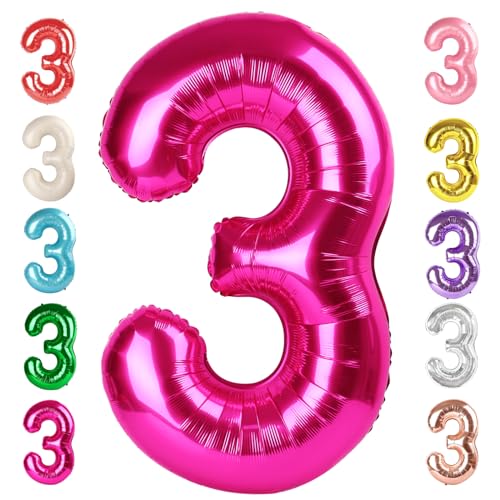 Image of 3 Balloon Numbers Birthday Decorations, 40In Hot Pink Balloons for Party | Eye-catching Appearance, Perfect Decorative Centerpieces, Convenient Self-sealing Structure, Widely for Various Occasions