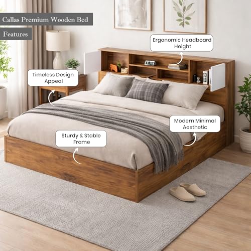 Image of Callas Estoria Engineered Wood Queen Size Bed with Storage | Free Installation with 1 Year Warranty (Walnut, Queen with Storage)