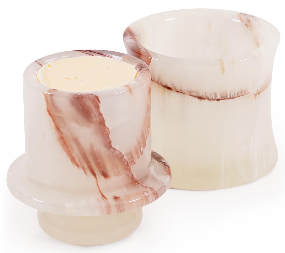 Marble Butter Keeper with Lid 4 Inch White Onyx Handmade Stone Butter Dish for Gifts & Kitchen Counter Decor, French Butter Crock with Water & Butter Container, Spreadable Butter Holder