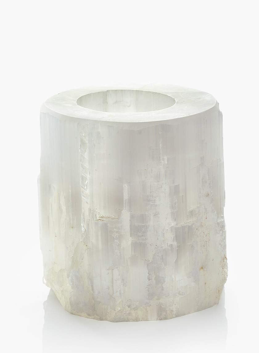 Serene Spaces Living Genuine Selenite Tealight Holder, Selenite Crystal Tower Candle Holder for Healing and Positive Vibes, Votive Measures 4" Tall & 4" Diameter