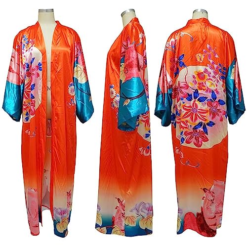 Cárdigan kimono floral de satén largo para mujer estilo bohemio 5