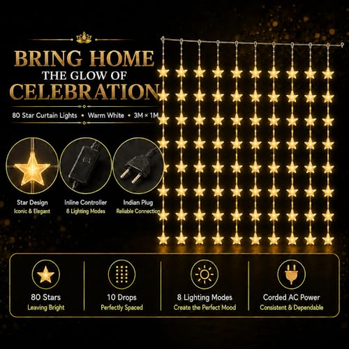 Image of Gesto Star Curtain Fairy Lights for Decoration - 80 Led String Lights with 8 Modes Changer | Warm White Decorative Lights for Home Decor, Room,Wall, Balcony, Christmas & Diwali Decoration- 10x3 Ft