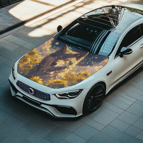 Image of Sunflower Wolf Print Car Hood Cover Protector, 59x39 Inch Car Hood Flag Waterproof Automotive Exterior Accessories for Auto Hood Decoration and Protection