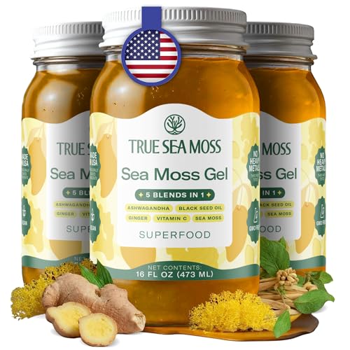 TrueSeaMoss Sea Moss Gel – Made in USA – 5-in-1 Formula – Wildcrafted Seamoss, Ashwagandha &amp; Jarred Vegetables – Ashwagandha, Pack of 3 (Labels may Vary)