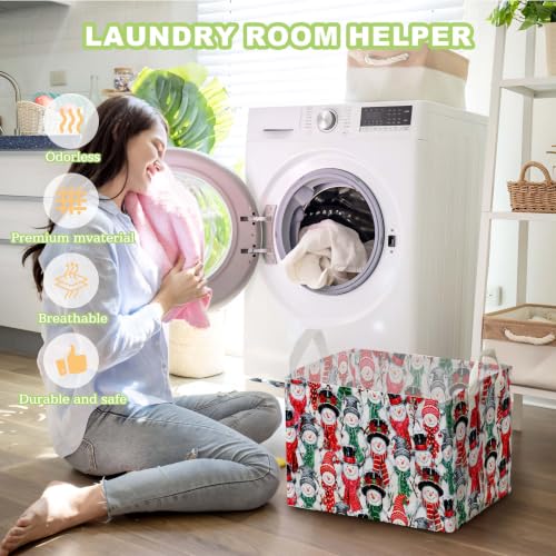 Image of Christmas Red Green Snowman Storage Baskets, Empty Christmas Gift Baskets, Holiday Home Decor, Large Square Waterproof Canvas Laundry Hamper With PE Coating, Foldable Toy & Clothes Bins for Bedroom