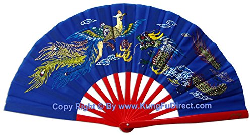 KungfuDirect Dragon Phoenix Blue Fan with Red Bamboo Rib - 15