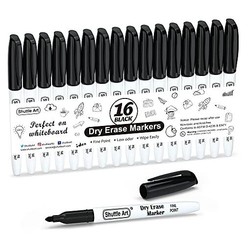 Shuttle Art Dry Erase Markers, 16 Pack Black Whiteboard Markers,Fine Tip Dry Erase Markers for Kids,Perfect for Writing on Whiteboards, Dry-Erase Boards,Mirrors,Calender,School Office Supplies
