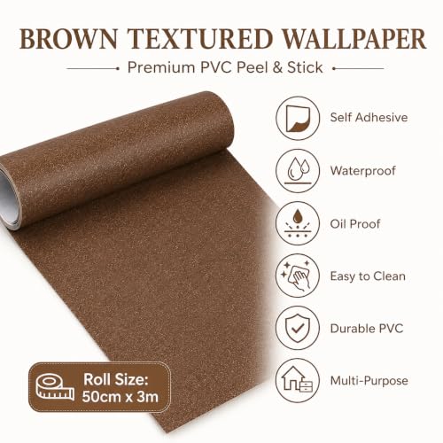 Image of TOTAL HOME Brown Textured Wallpaper for Wall & Furniture | Self Adhesive, Waterproof, Oil Proof PVC Peel and Stick Contact Paper for Almirah, Cupboard, Wardrobe, Bedroom, Living Room (60cm x 3m)