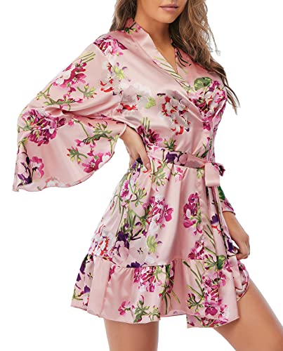 Escalier Women's Silk Robe Kimono Bridesmaid Robes With Ruffle Hem V-Neck Floral Short Satin Wedding Bridal Party Robe,Pink Floral Xl. #TOP3
