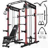 JELENS M21 Smith Machine, Multi-Function Power Cage with Dual Pulley Cable Crossover System, 2000LBS All-in-One Squat Rack with Smith Bar and Attachments (Red, M21 Home Gym Package)