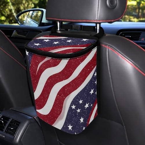 Image of Talayituse American Flag Star Print Car Trash Can with Lid, 4th of July Leak Proof Auto Trash Bag Hanging Vehicle Garbage Can Multipurpose Storage Container for Back Seat Road Trip