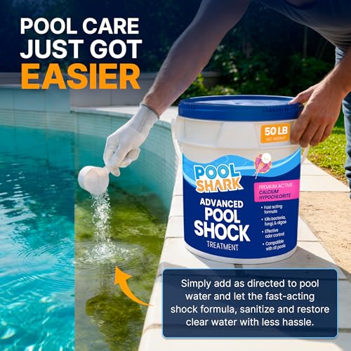 Image of POOL SHARK 68% Calcium Hypochlorite Pool Shock | 50 lb Bucket Chlorine Granules | Pool Shock Treatment for Swimming Pools | Inground & Above Ground Pool Cleaning, Fast-Acting Chlorine Shock