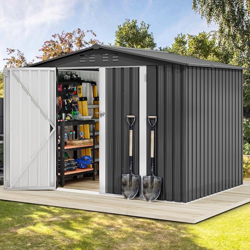 Image of DWVO 7x5FT Outdoor Storage Shelter, Roomy Steel Tool Shed with Secure Entrances & Air Circulation for Patio, Lawn, and Backyard, Ideal for Storing Garden Gear, Lawn Tools, and Bikes, Dark Gray