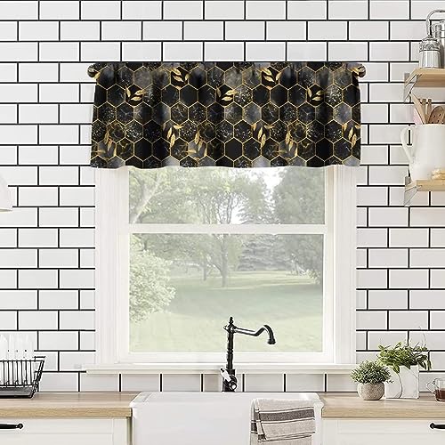 Image of Black Grey Marble Window Valance Curtain, Marble Hexagon Texture Golden Leaves Abstract Background Window Valances Treatments for Kitchen Living Room Cafe Decor 54'x18', 1 Panel