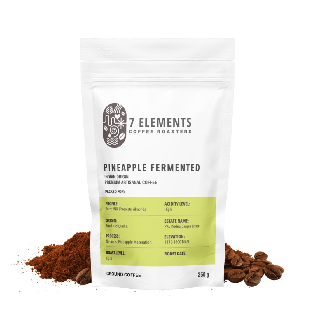 7 Elements Coffee Roasters Pineapple Fermented Ground Coffee - 250 g (Pack of 1) | Light Roast (Espresso, Moka Pot Grind) | 100% Arabica Freshly Roasted Coffee Grounds | Rich Flavorful Coffee