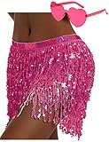 Sequin Skirt Fringe Skirt Belly Dance Hip Skirt Rave Party Costume Sparkle Skirt with Heart Sunglasses for Women and Girls (Rose)