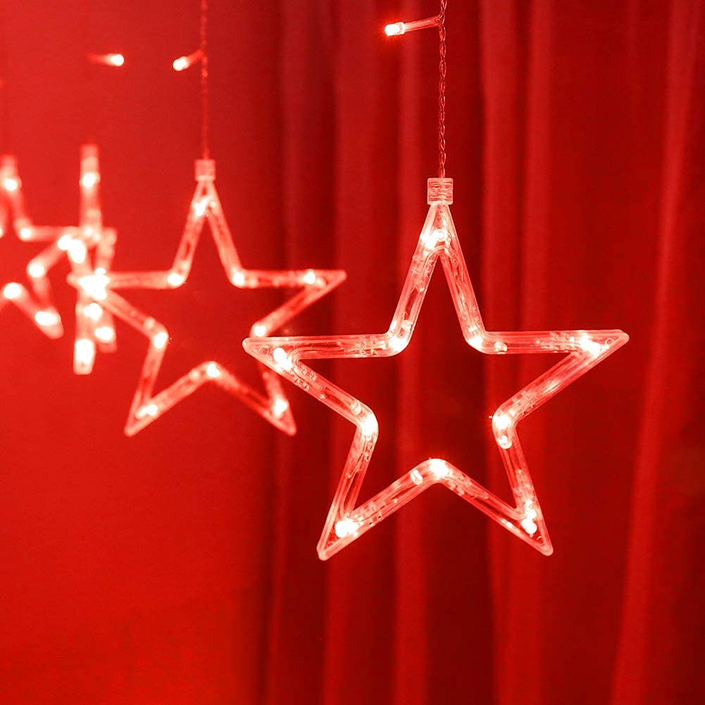 Luces de cortina de Navidad con 12 estrellas, 138 LED, cadena de luces de estrella funciona con pilas, luces LED para Navidad, boda, fiesta, (rojo)