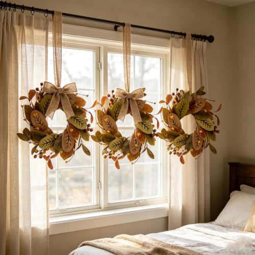 Image of 6 PCS Fall Eucalyptus Candle Ring Wreaths Autumn Wooden Leaves Candle Holder Rings with Berries Mini Thanksgiving Harvest Farmhouse Wreath for Pillar Candle Mantel Cabinet Home Table Centerpiece Decor