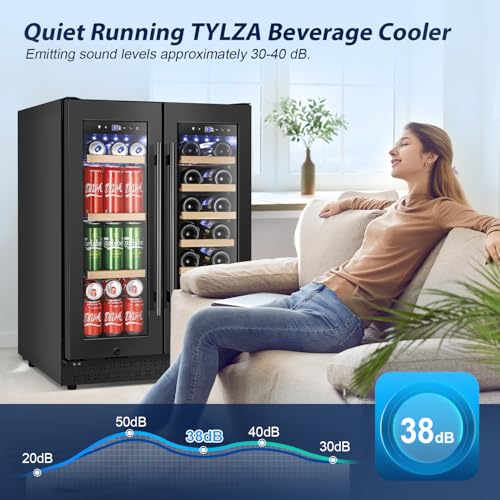 Image of Tylza 24 Inch Wine and Beverage Refrigerator, Dual Zone Wine Beverage Cooler 24 inch with French Door, Under Counter Wine Beer Fridge Built-In or Freestanding, Holds 20 Bottles and 88 Cans, Black