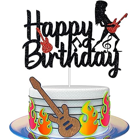 HAKPUOTR Guitar Cake Topper for Birthday Rock and Roll Birthday Cake Topper Black Glitter Rock Music Cake Topper for Vintage Rock Musical Theme Birthday Party Baby Shower Events Decoration Supplies Cover