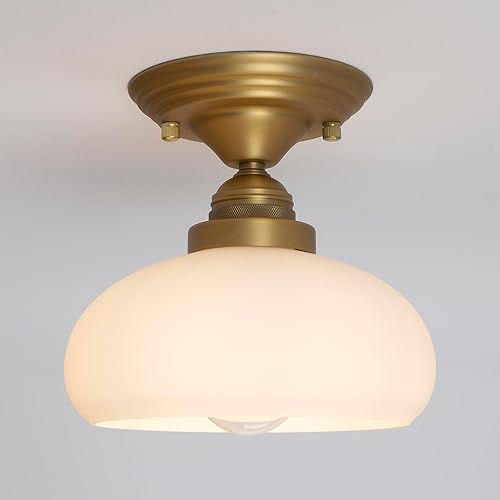 Lámpara industrial cerca del techo con pantalla de cristal blanco leche, lámpara de techo de cristal vintage para dormitorio, pasillo, entrada,