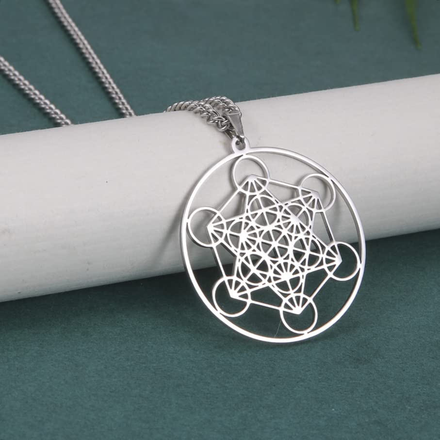 VASSAGO Metatron's Cube Necklace Stainless Steel Geometric Hollow Mesh Pendant Sacred Hexagram Religious Jewelry for Men Women (1-Silver)3