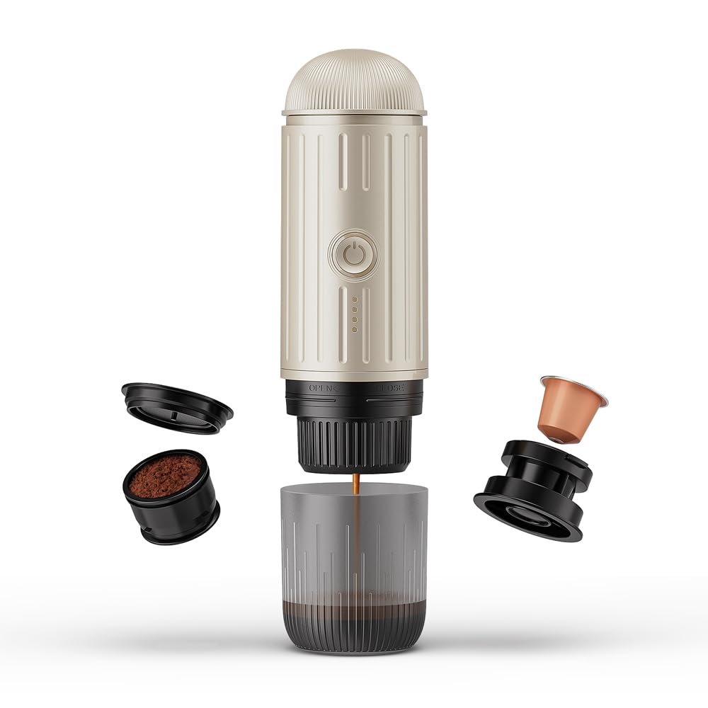 Cafetera espresso eléctrica portátil, cafetera de viaje para camping, cafetera de coche autocalentable con USB-C, con café molido y cápsula N Espresso para caravana, senderismo, oficina