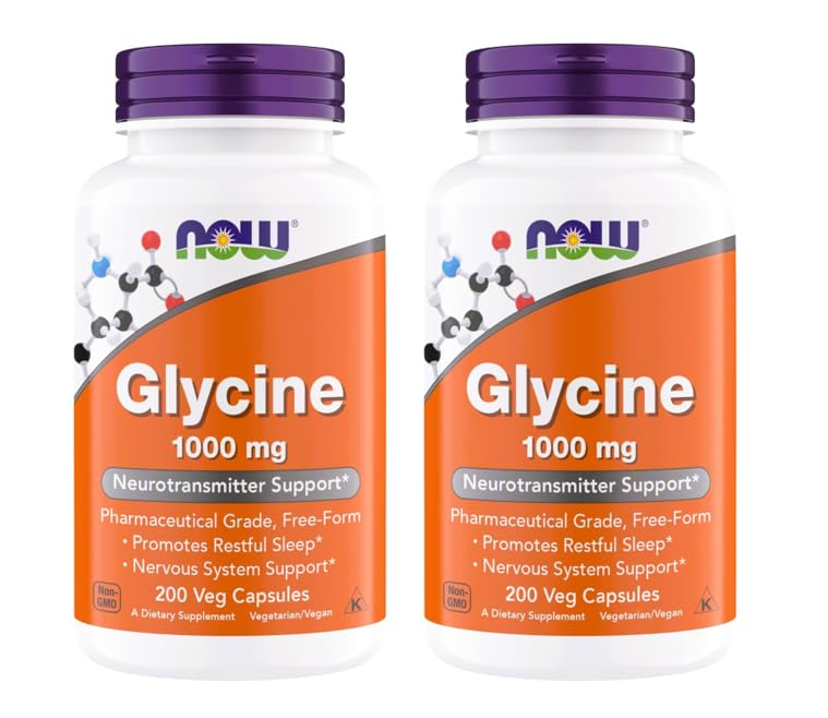 NOW Foods Glycine 1000mg, Free-Form Pharmaceutical Grade, Neurotransmitter Support*, Promotes restful Sleep*, Gluten Free, Vegan, Kosher 200 Vegetarian Capsules (Pack of 2) 200 Count (Pack of 2)