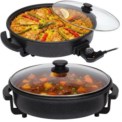 SOGO Paellera Eléctrica Multiusos – Olla Eléctrica para Cocinar 1500W, 9 cm Profundidad, Antiadherente con Termostato 240°C   Sartén Eléctrica con Regulador de Temperatura y Tapa de Cristal