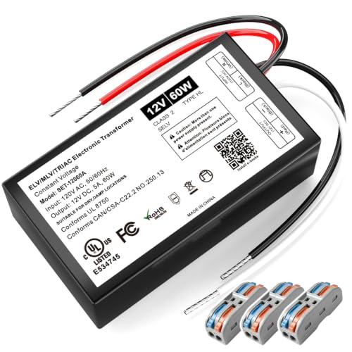 Image of 60W 12V Dimmable LED Driver with Connectors, Triac /ELV /MLV AC to DC Power Supply for LED Light, Halogen Bulb, LED Transformer Compatible with Lutron & Leviton Dimmer, UL&FCC-Listed, Class 2