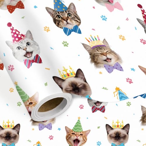LeZakaa Funny Birthday Cat Wrapping Paper Roll Party Hat & Bowtie Cat Pattern Gift Wrap for Kids Birthday Pet Lovers Party Gifts Mini Roll 17 in x 16.4 Feet
