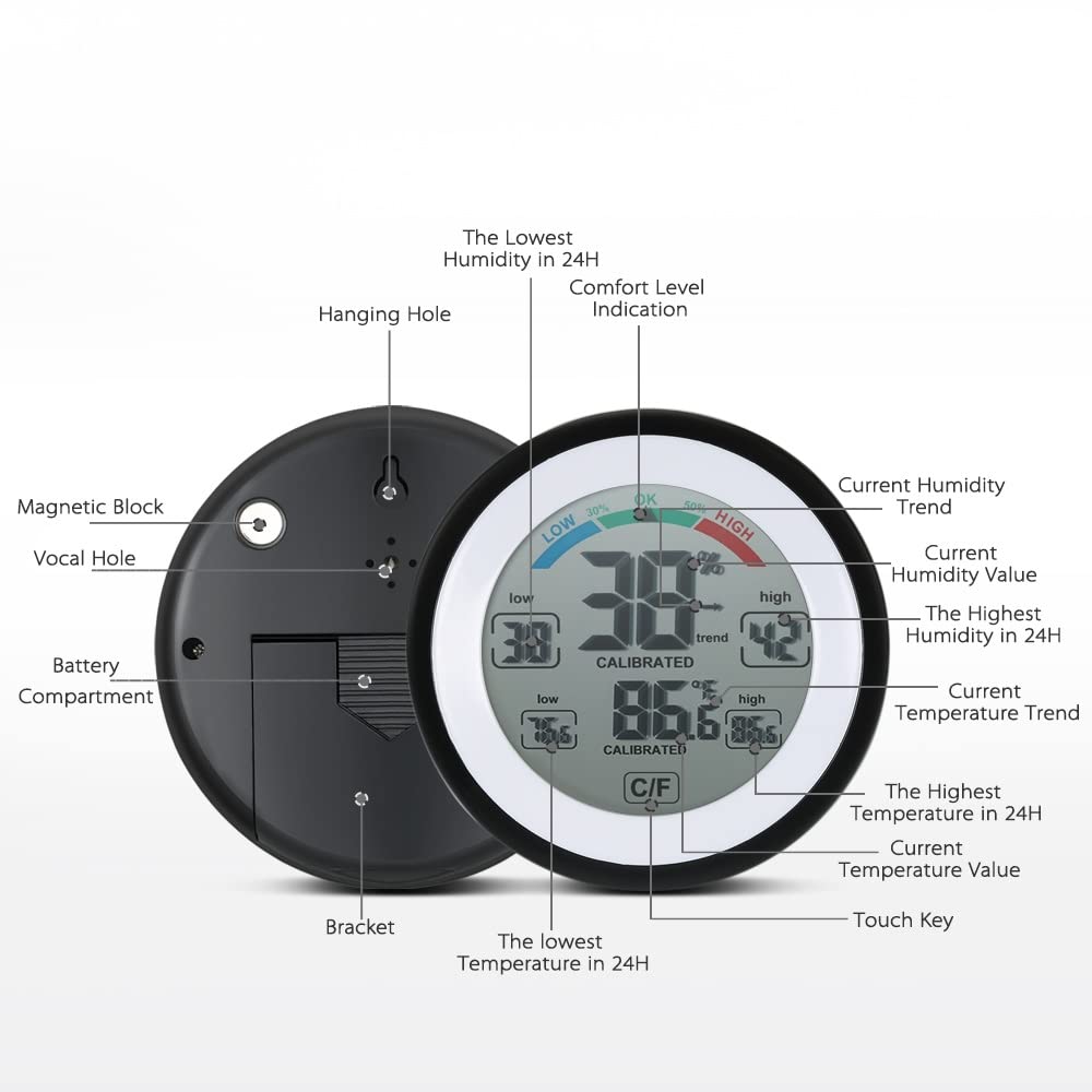 Termometro digitale Igrometro Misuratore di umidità della temperatura Valore massimo minimo Visualizzazione della tendenza Misuratore di umidità della temperatura