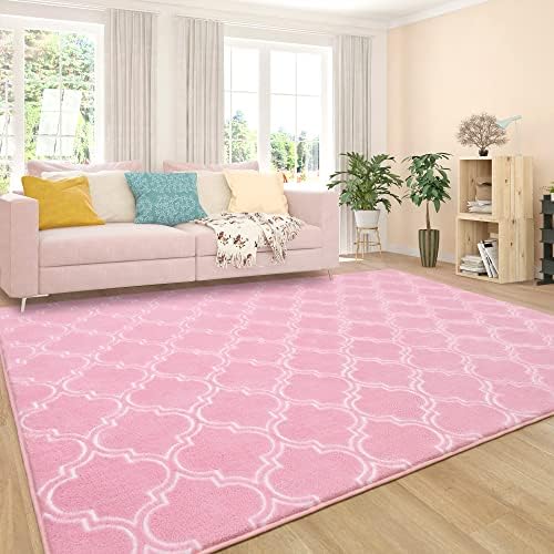 Chicrug Shag Geometric Modern Area Rug for Bedroom, 4x6 Feet Memory Foam Indoor Carpet, Moroccan Fluffy Rug for Living Room Bedside Room Decor for Family Girls Kids Nursery Play Mat, Pink/White 6 51ulc4Ry jL. AC