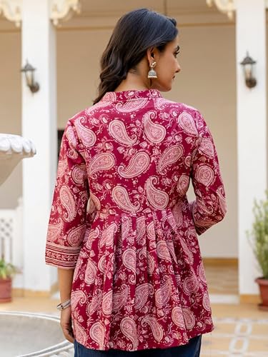 Image of Arayna Women's Pure Cotton Paisley Printed Tunic Top - Comfortable Everyday Wear