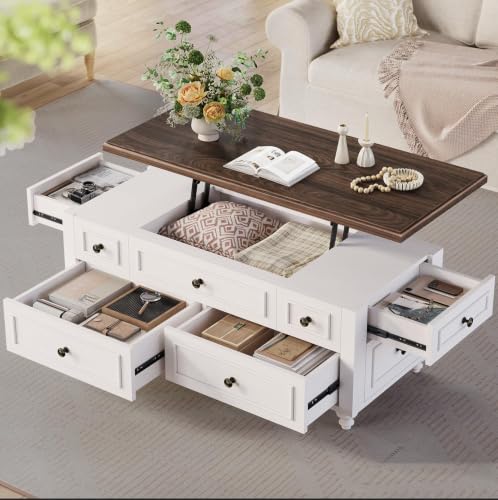ANGRYWIN 47.2 Lift Top Coffee Table with Storage Farmhouse Coffee Table with Large Hidden Storage Compartment and 4 Drawers Square Coffee Tables for Living Room White