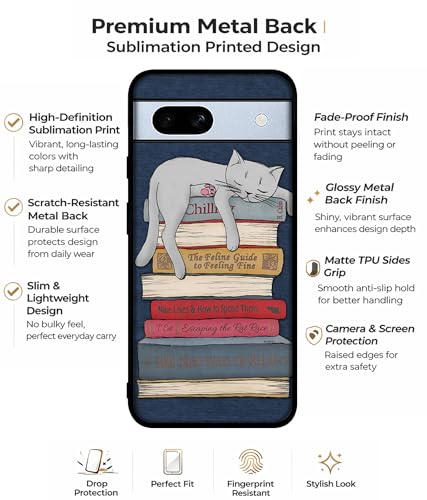 Image of Cat Sleeping On The Books Design Premium 2D Printed Metal Back Case Cover for Google Pixel 7A 5G
