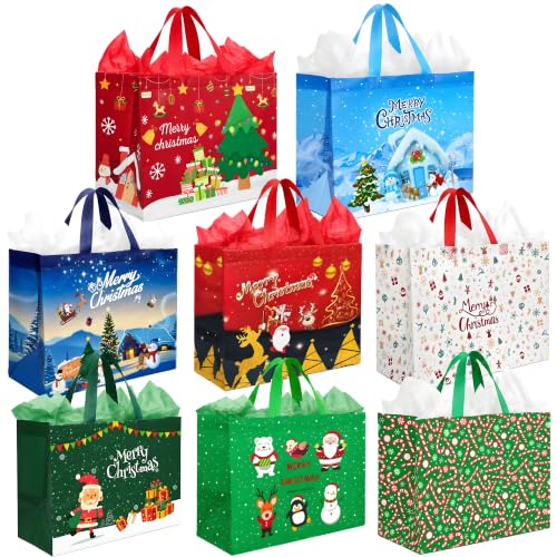 Christmas Gift Bags - 8 Pack Non-Woven Christmas Bags with Tissue Paper