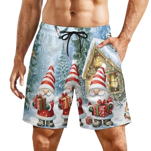 Pantalones cortos de playa para hombre con divertidos gnomos navideños y cordón