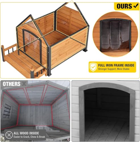 Aivituvin Beheizbare Hundehütte Outdoor für Draußen aus Holz mit Eisenrahmen und Veranda, Winterfestes Isoliertes Hundehaus mit Heizmatte und 6-Seiten-Isolierung, Braun