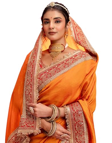 SIRIL Women's Vichitra Silk Sequins Embroidery Lace Saree With Un...