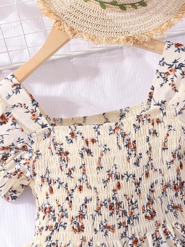 Seechoslo 2025 Tween Girls’ Cute Short Sleeve Square Neck Smocked Elastic Short Sleeve Woven Shirt Top3