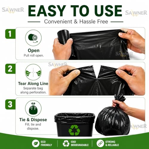 Image of Garbage Bags 19 x 21 Inch Medium Size, 90 Bags (3 Rolls), Black Dustbin Bags, Leak Resistant Trash Bags for Kitchen, Bathroom & Office