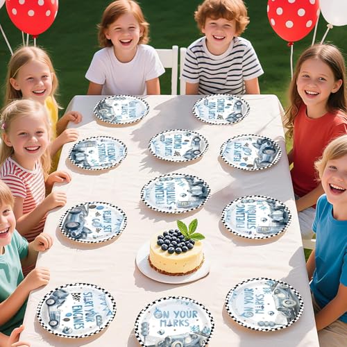 Image of 60 Pcs Vintage Race Car Paper Plates 9 inch Heavy Duty | Blue Race Car Birthday Plates Disposable Start Your Engines Dinner Platters for Baby Shower Birthday Party Supplies Decor