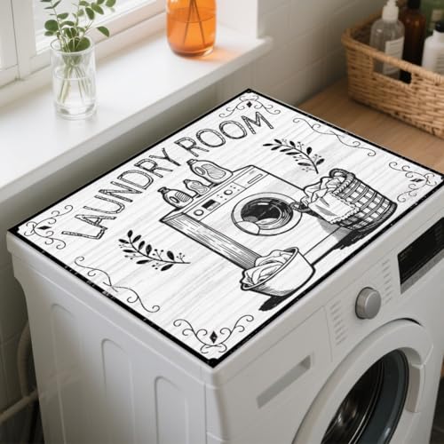 GLOBLELAND Tapis de Protection Anti Poussière pour Lave Linge Sèche Linge Motif Imprimé Rétro 23.6x19.66pouces Texte BUANDERIE Coussinets Protection Antidérapants pour Machine à Laver Sèche Linge