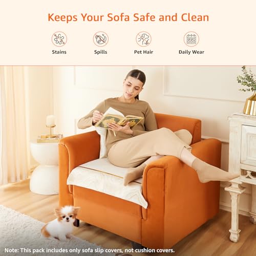 Image of Amazon Basics Knitted Fabric Sofa Cover for Single Seater, Classic Plaid, Non-Slip Sofa Pad, 70x70 cm, Soft Silicone Grip Dots, 100% Polyester, Machine Washable - Off-White
