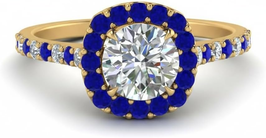 Choose Your Gemstone Pave Halo Round Diamond CZ Ring Yellow Gold Plated Round Shape Halo Engagement Rings Everyday Jewelry Wedding Jewelry Handmade Gifts for Wife US Size 4 to 12