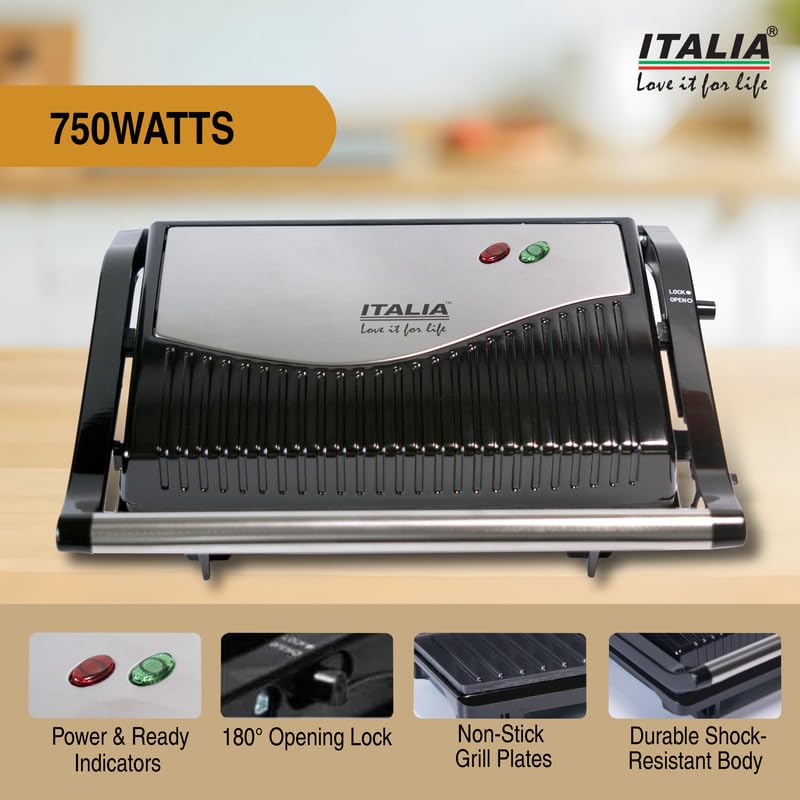 Image of ITALIA 750W Grill & Panini Press | Non-Stick Sandwich Maker| Open Grill & Removable Drip Tray