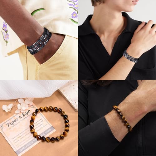 10PCS Mens Beaded Bracelets Set 8MM Tiger Eye Lava Stone Stretch Natural Stone Bead Bracelet Bulk Adjustable Black Crystal Stretch Bracelet for Men Gifts4
