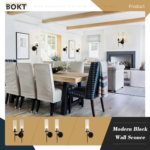 Image of BOKT Mid Century Modern Black Slim Wall Sconce Lighting Set of Two 1-Light Clear Cylinder Glass Sconces Wall Lighting Set of 2 Minimalist Single Bathroom Vanity Light Fixture